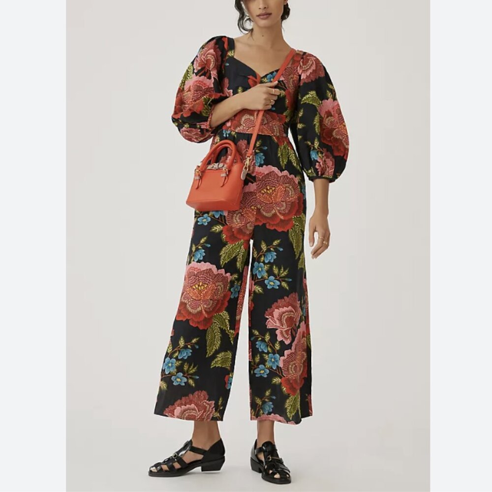 Farm Rio Anthropologie Printed Linen Floral Jumpsuit Wide-Leg Puff Sleeve Sz XL